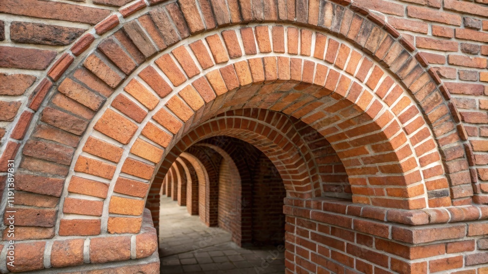 Poster a medium closeup of a beautiful handcrafted brick archway highlighting the rounded bricks and evenly