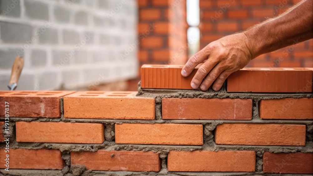 Poster a medium closeup of a bricklayers hand expertly placing a red brick in wet mortar capturing the tact