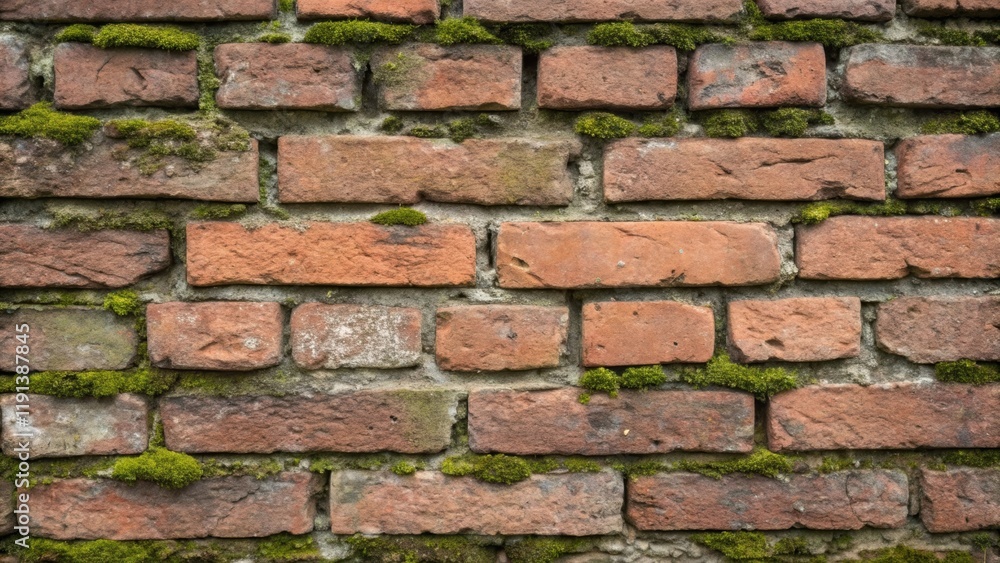 Poster A medium closeup of a brick wall focusing on the rough textures and variations in color a the bricks with patches of moss adding natural contrast.