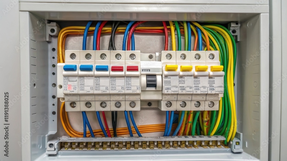Poster A medium closeup of a circuit breaker panel where brightly colored wires are neatly organized. The various switches are labeled showcasing the complexity of electrical