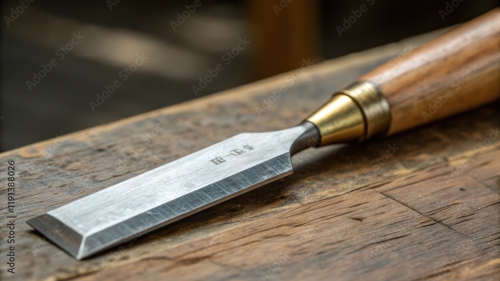 Aufkleber A medium closeup of a chisel blade revealing the sharp edge gleaming under light the faint scratches indicative of its sharpening history and the subtle curve of the metal leading