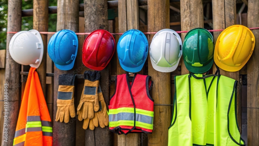 Poster a medium closeup of a colorful array of safety equipmenthelmets gloves and vestshanging on a wooden 