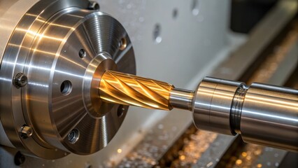 A medium closeup of a CNC machining tool featuring a shiny ting end with visible flutes set against a backdrop of a metallic workpiece in progress illustrating the precision ting