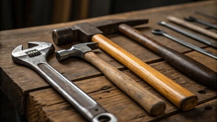 A medium closeup of a collection of hand tools resting on a wooden workbench with a mix of metallic tools and wooden handles highlighting the craftsmanship involved in manual