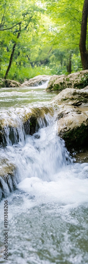 Poster Tranquil Forest Stream Flowing Over Rocks Surrounded by Lush Greenery : Generative AI