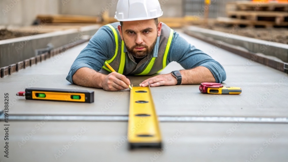 Poster a medium closeup of a construction foreman inspecting a foundations concrete work highlighting the p