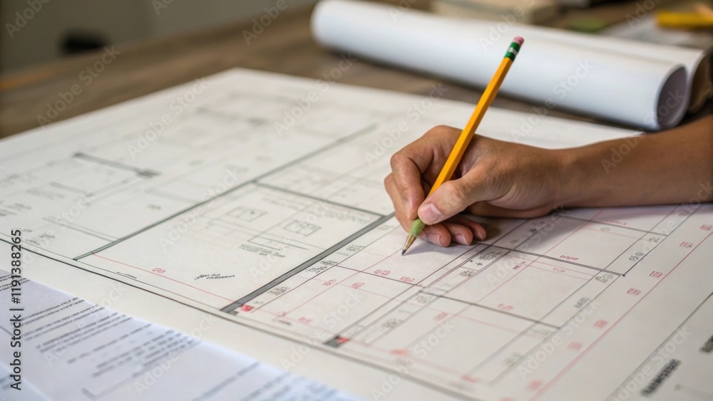 Poster a medium closeup of a construction blueprint spread out on a table with a hand holding a pencil outl