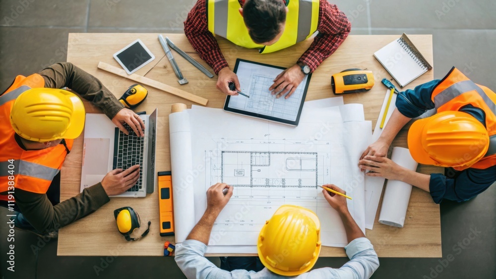 Aufkleber A medium closeup of a construction team collaborating onsite with blueprints of the solar installation laid out on a table surrounded by tools and materials for building