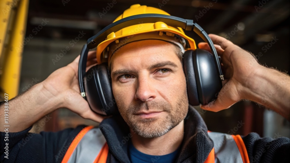 Poster a medium closeup of a construction worker adjusting a pair of sleek overear earmuffs showcasing the 