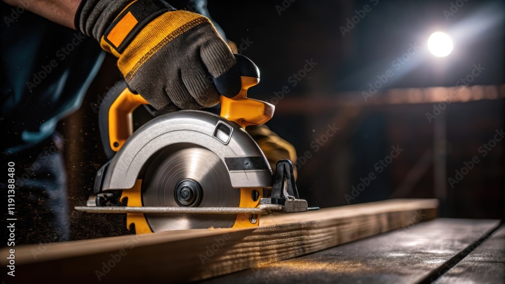 Aufkleber a medium closeup of a construction workers hand gripping a circular saw with the blade gleaming unde