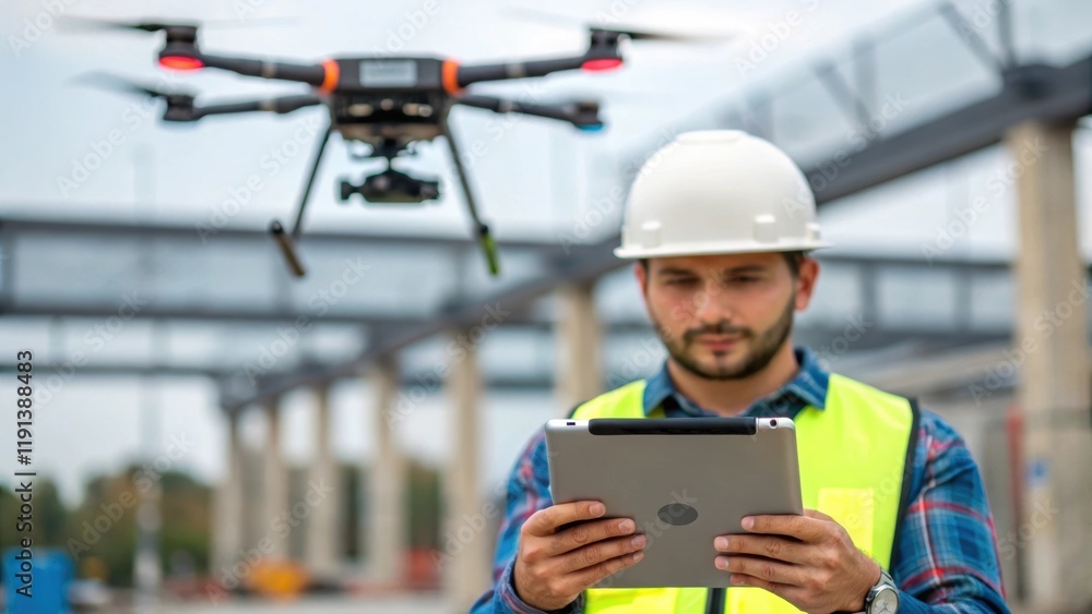 Aufkleber A medium closeup of a construction worker using a tablet analyzing data from an automated surveying drone hovering in the background demonstrating the integration of technology and