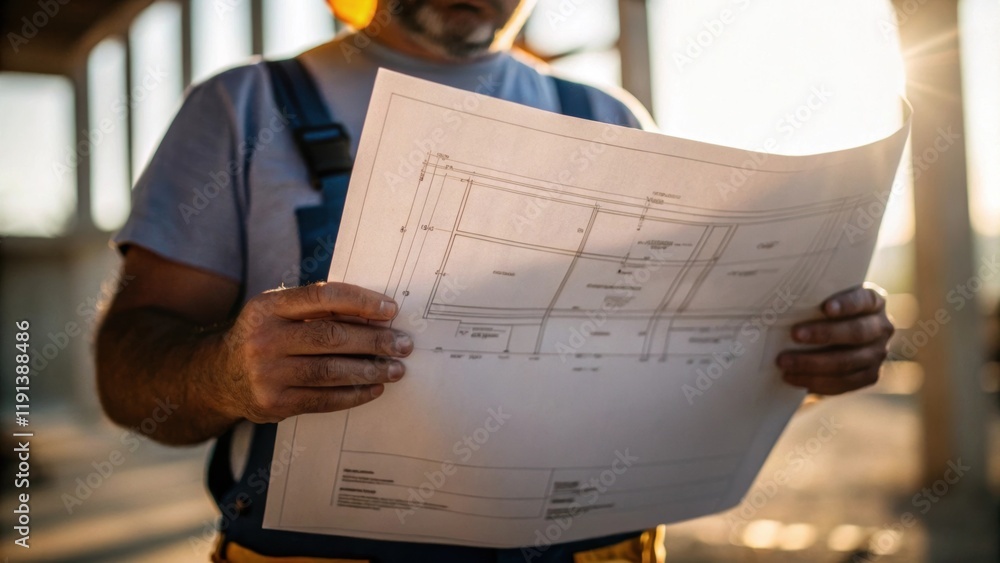 Aufkleber A medium closeup of a construction workers hands clutching a blueprint backlit by natural light creating soft shadows that convey the weight of plans and aspirations.