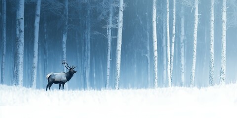 Majestic elk in snow covered forest winter wilderness.