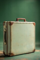 Vintage light-green suitcase, worn, green background.