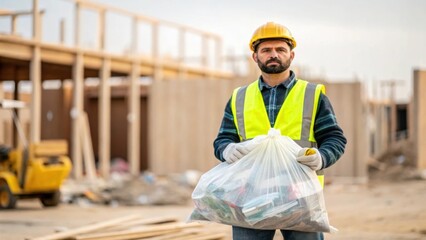 A medium closeup of a construction worker standing with a focused expression holding a large trash bag filled with leftover materials the backdrop of unfinished building structures