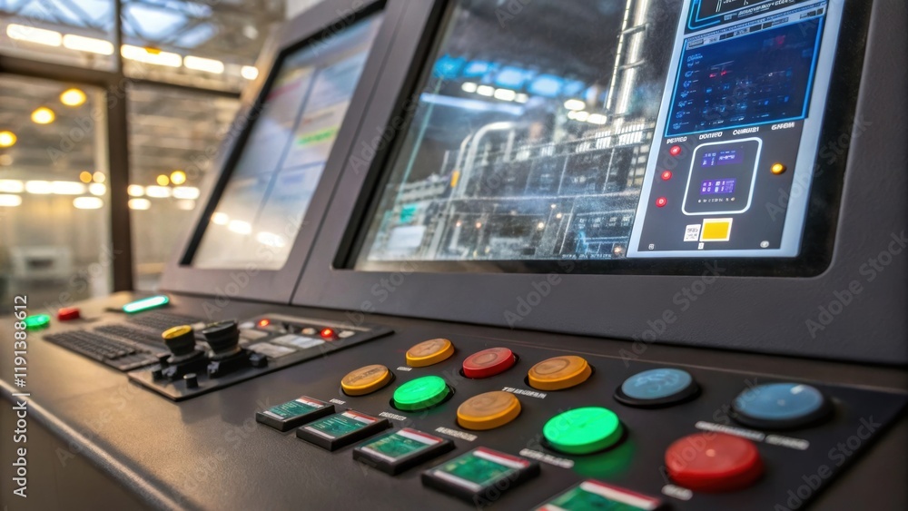 Aufkleber A medium closeup of a control panel featuring a series of colorful buttons dials and digital screens establishing a hightech interface that reflects an intricate network of