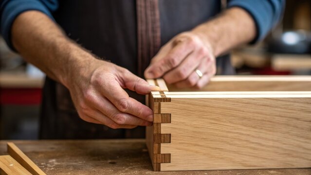 A medium closeup of a craftsmans hands expertly assembling dovetail joints showcasing the precise fit and the subtle sheen of the polished wood.