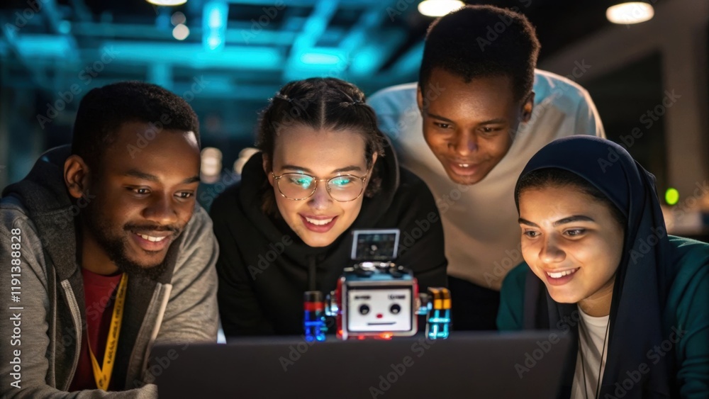 Aufkleber A medium closeup of a diverse group of people in a tech workshop their faces illuminated by the glow of various screens as they collaborate on a robotic project. Expressions of