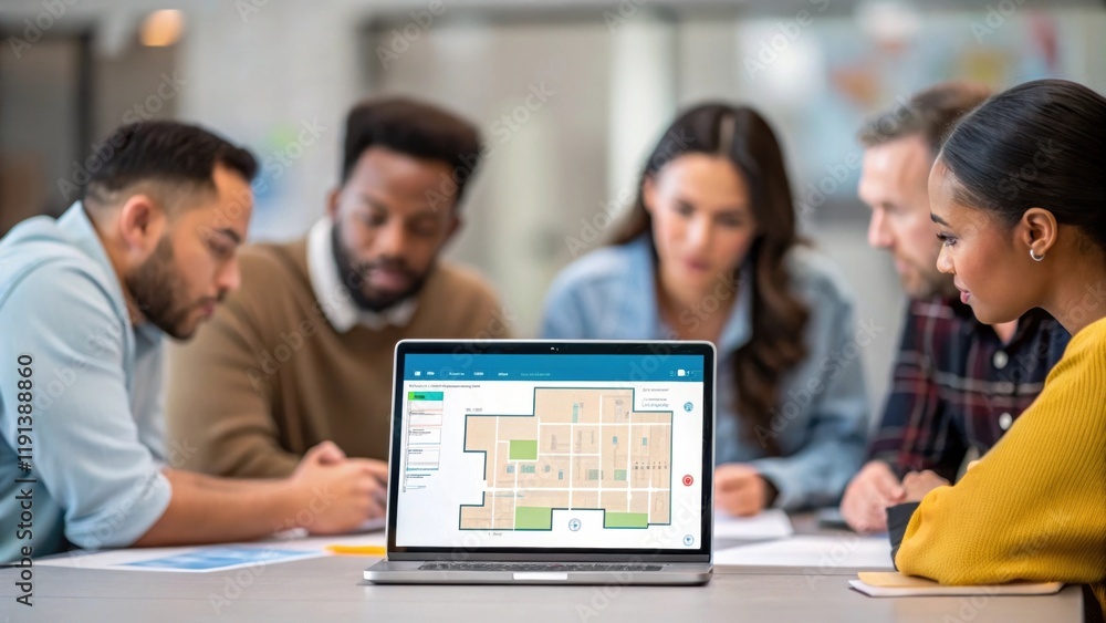 Poster A medium closeup of a diverse team gathered around a table intently discussing and reviewing a digital project map displayed on a laptop emphasizing collaboration and