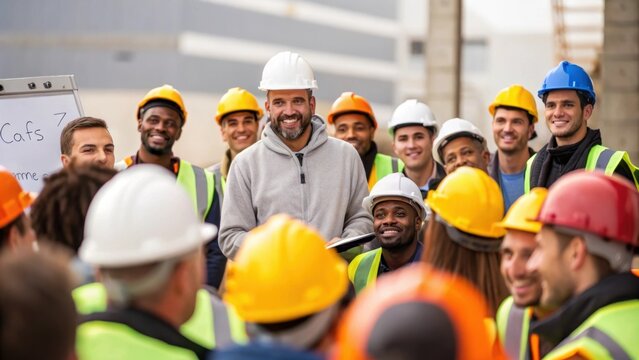 A medium closeup of a diverse group of workers gathered at a job site engaged in a training session led by a supervisor. The enthusiasm on their faces reflects the empowerment and