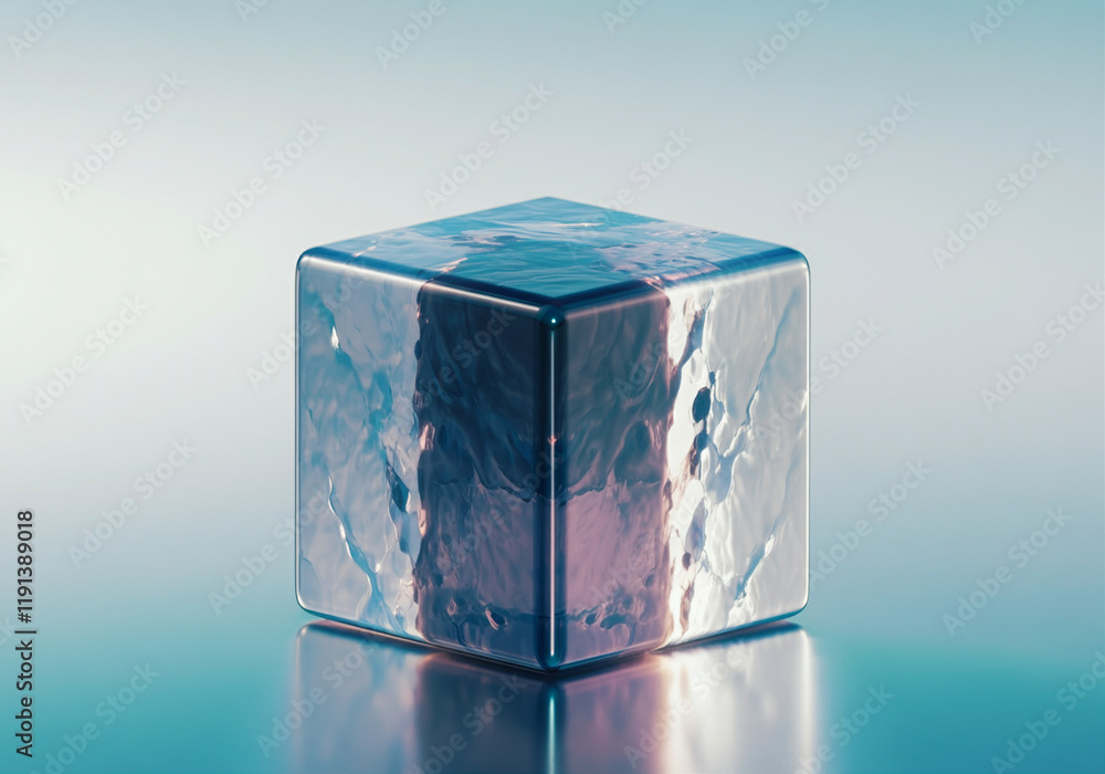 Poster ice cube with reflection on smooth surface crystal clear and shiny