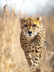 Fototapeta premium Cheetah prowling through grasslands in focused stance.