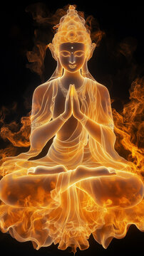 Thangka light painting, composed of golden smoke and lines, glowing with translucent fluorescence. A luminous Tara bodhisattva sits cross-legged with her hands folded in front