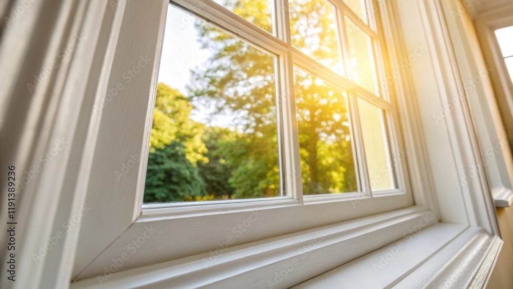 Aufkleber A medium closeup of a freshly painted window frame emphasizing the clean lines and vibrant color that enhance the overall atmosphere of a sunlit room.