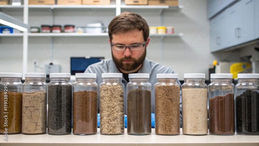 Poster A medium closeup of a geologist testing soil samples in a lab setting with jars of various soil types lined up behind him illustrating the importance of geological studies for