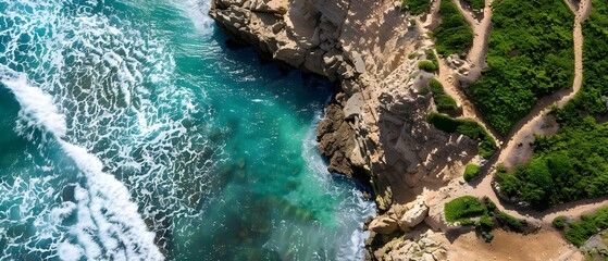Aerial View of Turquoise Waves Crashing on Rocky Coastline with Greenery