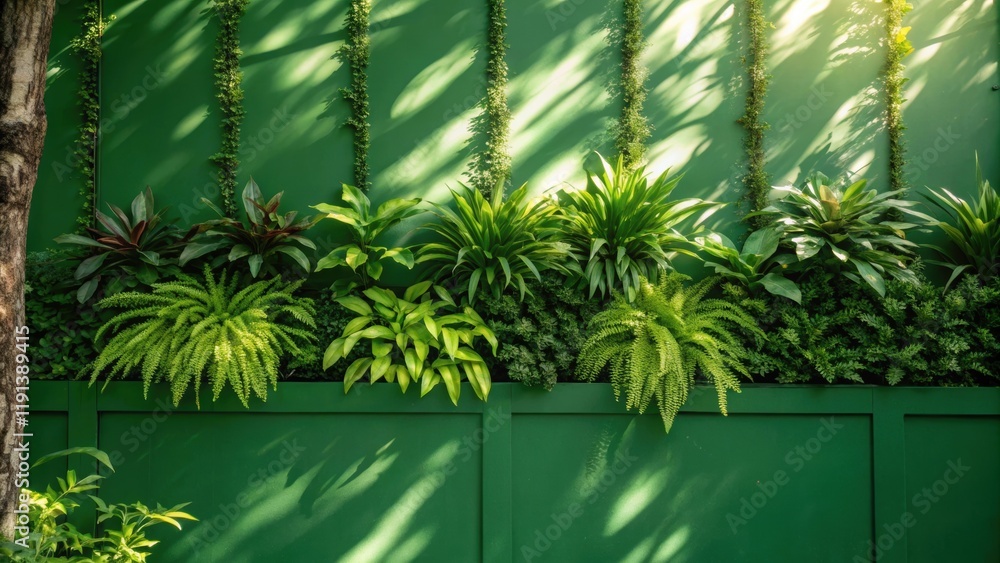 Poster A medium closeup of a green wall adorned with various shadetolerant plants featuring contrasting green hues and the interplay of light and shadow as sunlight filters through nearby