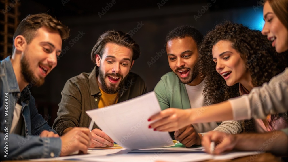 Aufkleber A medium closeup of a group gathered around a table engaged in collaboration their expressions animated and focused illustrating teamwork and shared purpose in a creative project.