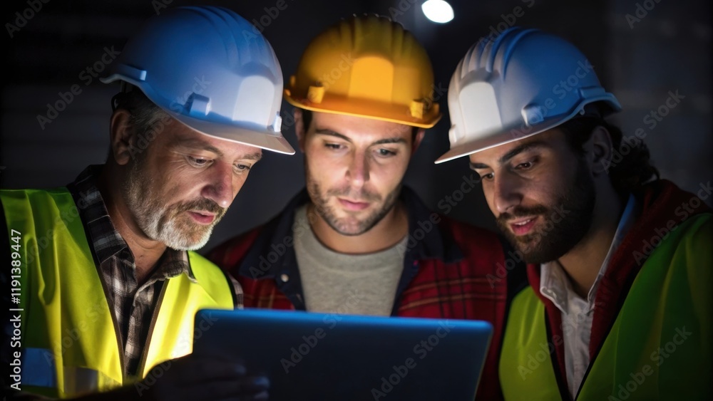 Aufkleber A medium closeup of a group of workers huddled around a digital tablet their faces illuminated by the screens glow as they study blueprints with expressions of concentration and