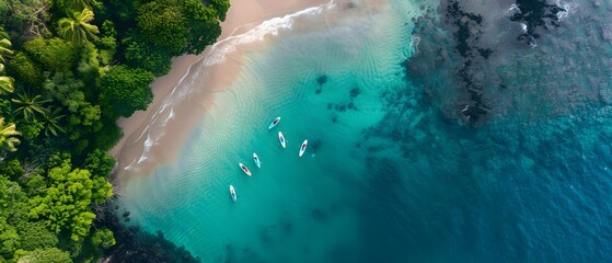 Aerial View of Boats Anchored in Clear Blue Water Near Lush Tropical Shore