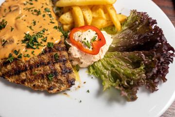 Griechisches Essen mit H&uuml;hnchen, Lamm, Schwein, Rund und Pommes und Salat