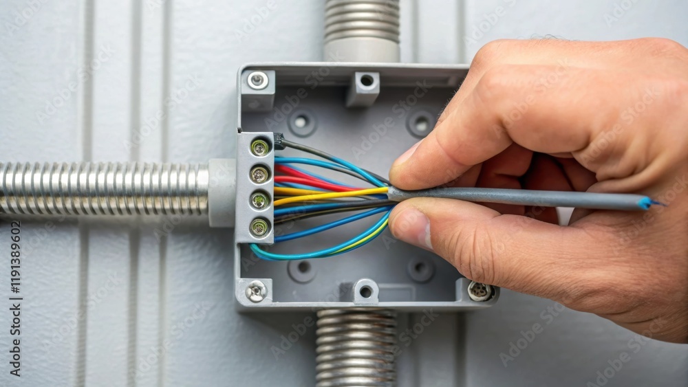 Aufkleber A medium closeup of a hand tightening a screw on a junction box with the wire meticulously fed through featuring the rugged texture of the box contrasting against the smooth wire