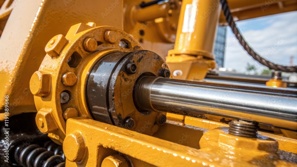 Poster a medium closeup of a hydraulic mechanism on the crane glistening with oil showcasing the intricate 