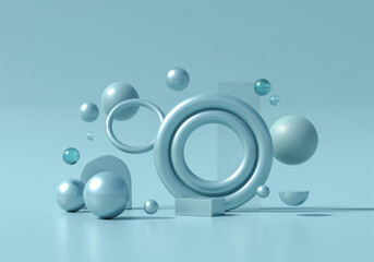 3D geometric shapes with graphic design elements in a modern style featuring spheres and rings