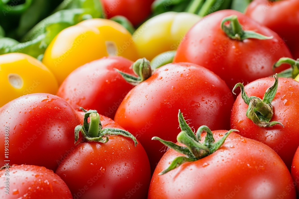 Poster fresh ripe red and yellow tomatoes with water droplets in lush garden setting : generative ai