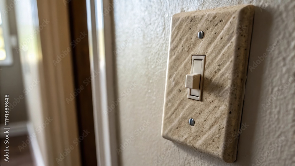 Poster A medium closeup of a light switch being flipped capturing the motion. The textured surface of the switch and surrounding wall adds context to everyday electrical usage in a home.