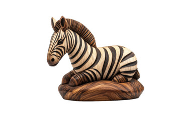 Decorative wooden zebra sculpture resting on a base with natural wood texture