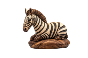 Decorative wooden zebra sculpture resting on a base with natural wood texture