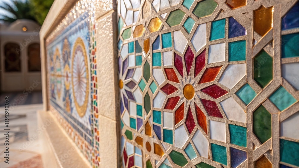 Aufkleber A medium closeup of a mosaic tile installation capturing the colorful geometric patterns formed from small fragments of glass and stone glinting in the light.