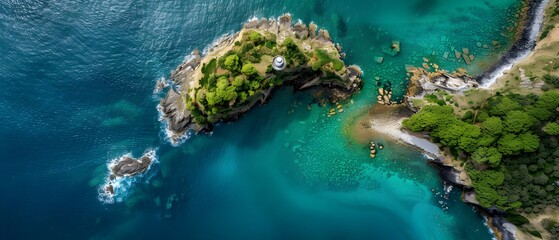 Aerial View of Stunning Turquoise Waters and Scenic Island with Lighthouse
