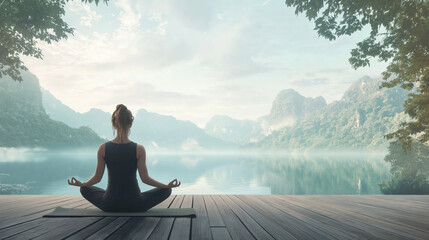Fototapeta premium A woman meditating on a wooden deck by a serene lake with mountains and mist in the background