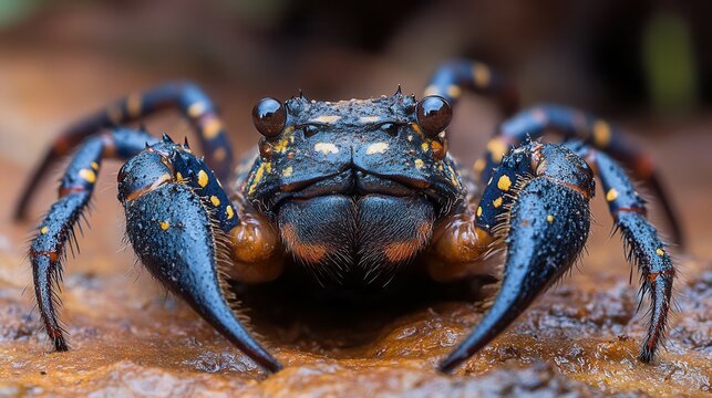 Close up of fat-tailed scorpion with sharp pincers in macro focus.