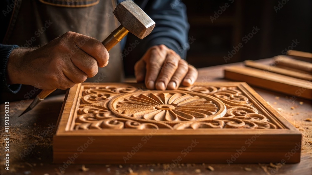 Poster A medium closeup of an artisans hands skillfully holding a chisel and hammer poised to carve intricate patterns into a block of warmtoned wood dust motes dancing in the light.