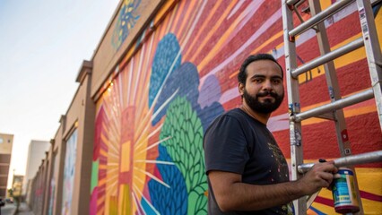 Obraz premium A medium closeup of an artist at work on a large mural with vivid colors splashing across a buildings wall illustrating cultural revitalization and artistic expression emerging