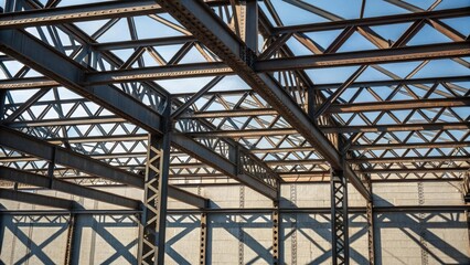 A medium closeup of an assembled steel framework the shadows cast by the beams enhancing the structural complexity