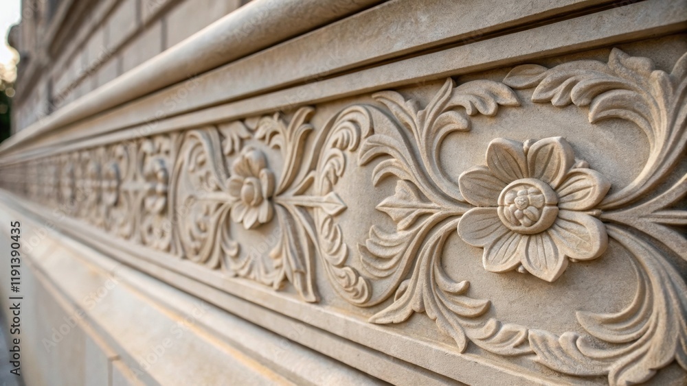Poster a medium closeup of an engraved stone facade focusing on the intricate floral motifs that emerge fro